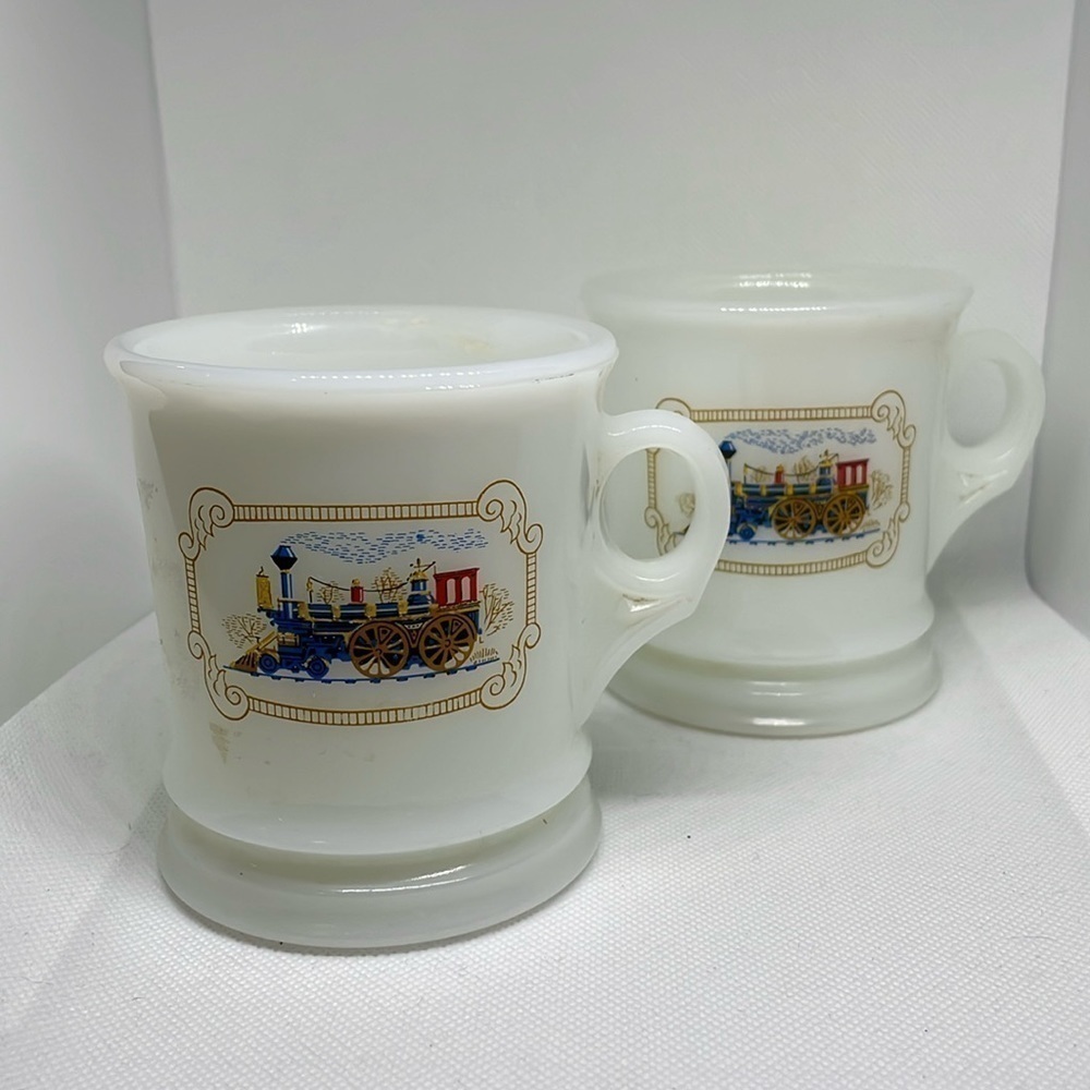 Avon Vintage Pair of Milk Glass Iron Horse Train Locomotive Mugs